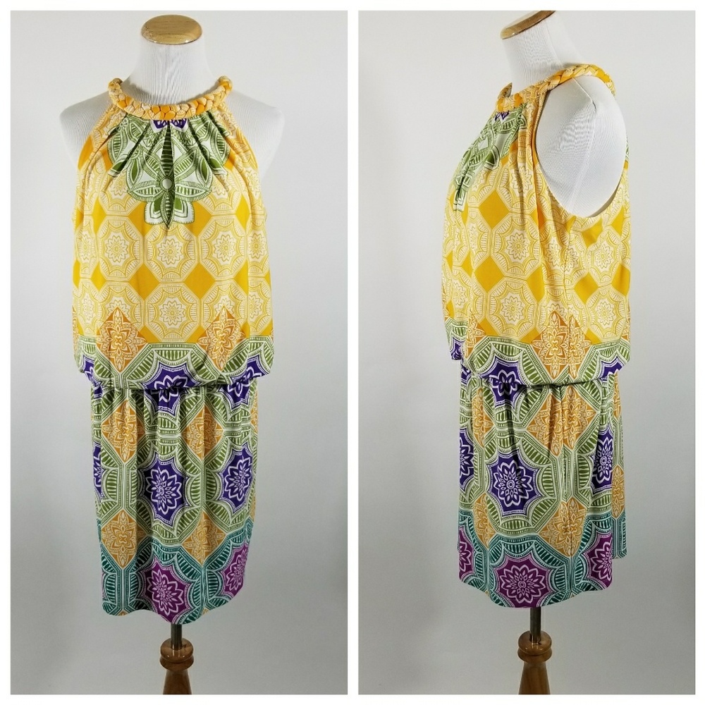 London Times Yellow Bluson Dress Purple Green Sz10